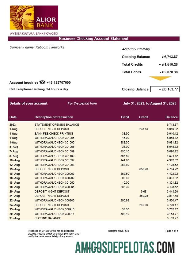 Realista Alior empresa bancária extrato de conta corrente modelo Word e PDF